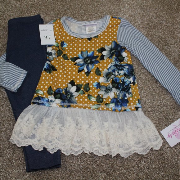 Bonnie Baby Other - Bonnie Baby Mustard Dot Blue Floral Lace Striped Outfit Set Toddler Size 3T NWT